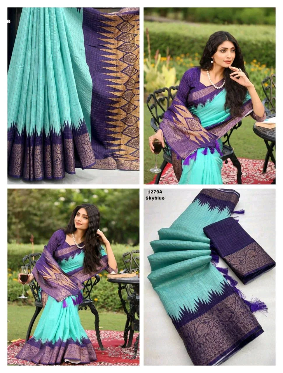 Soft Dola Silk Skyblue Checkered Saree with Purple Zari Border 5
