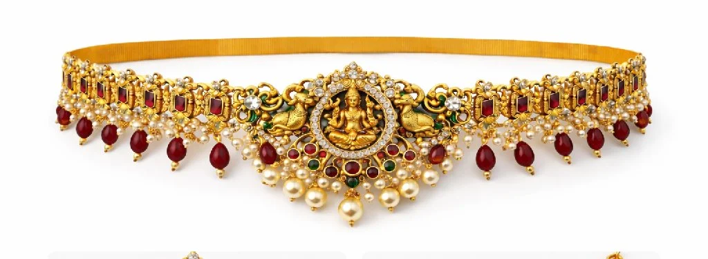 Gold Toned Temple Necklace with Lakshmi Deity and Pearl Drops thumbnail 2