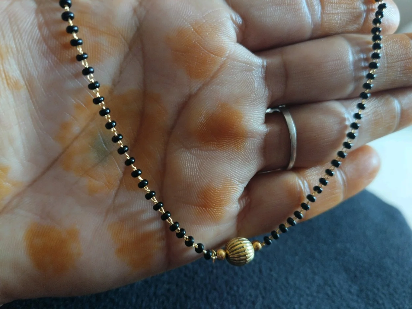 Black Bead Gold Plated Necklace with Ribbed Bead