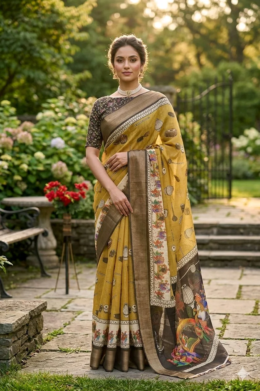 Linen Blend Saree with Traditional Art Print Pallu 10
