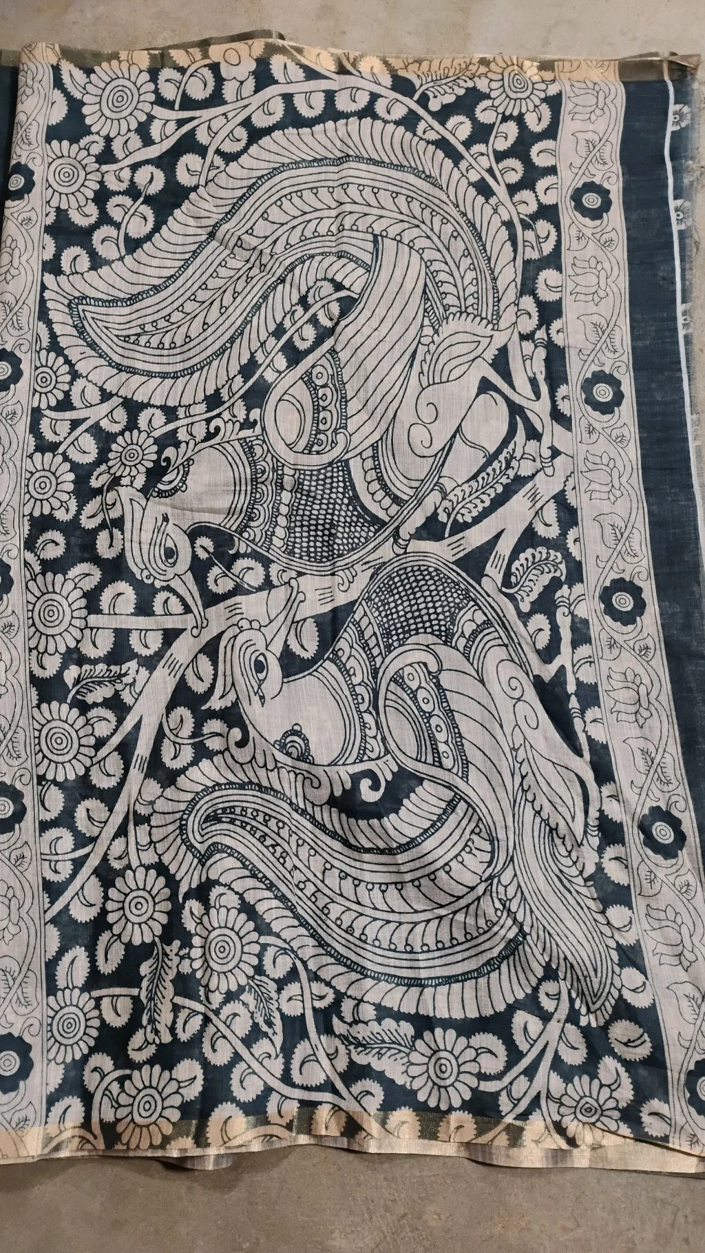 Grey Kalamkari Print Linen Maheshwari Saree thumbnail 4