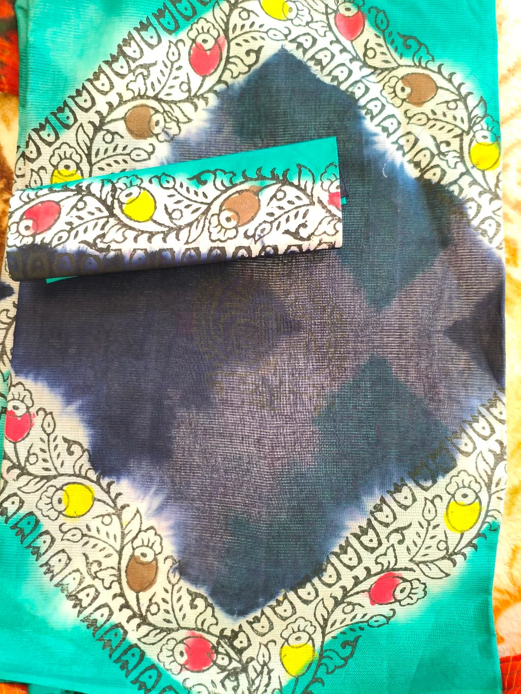 Teal Blue Tie-Dye Cotton Saree with Floral Border 1