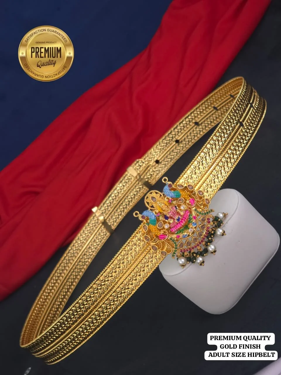 Premium Quality Gold Finish Adult Size Hipbelt with Lakshmi Peacock Design thumbnail 2