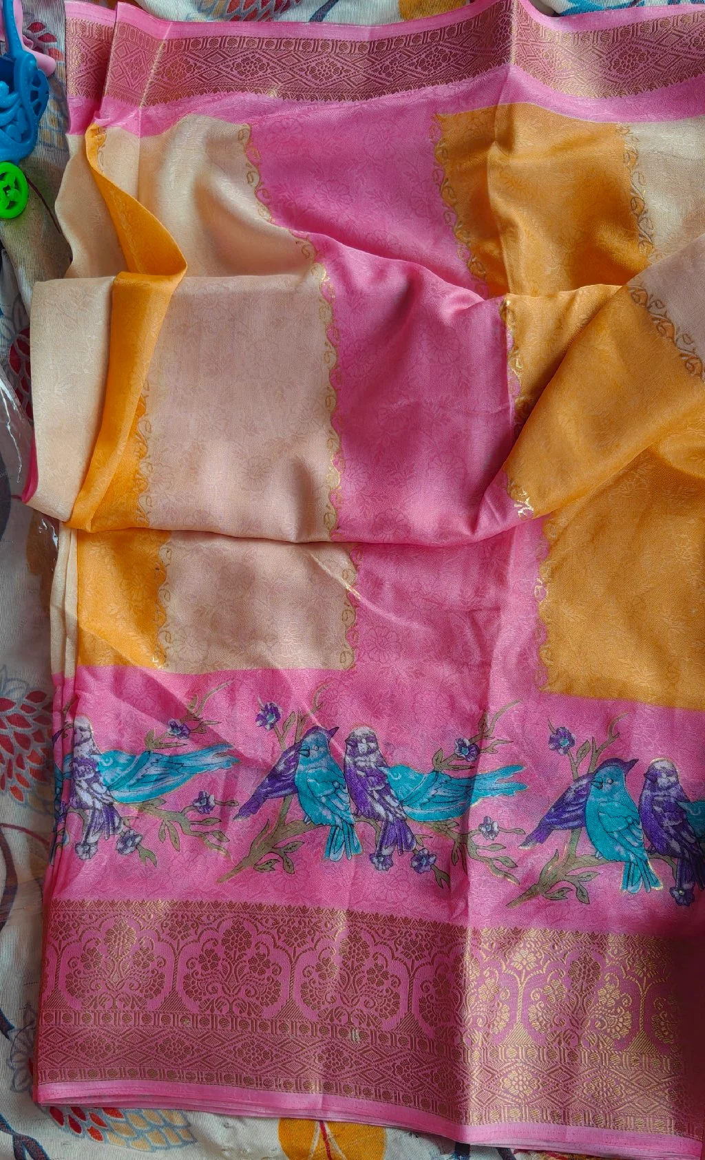 Sunrise Pink and Orange Bird Motif Viscose Saree 1
