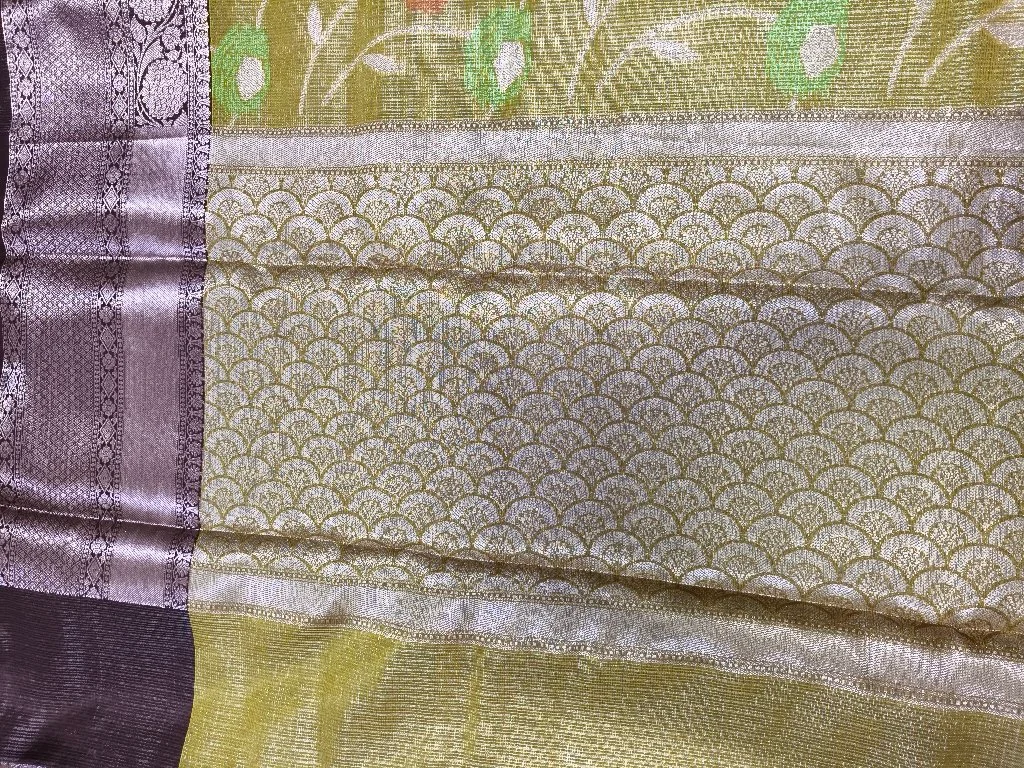 Lime Green Kota Fancy Saree with Floral Motifs and Silver Zari Border thumbnail 3