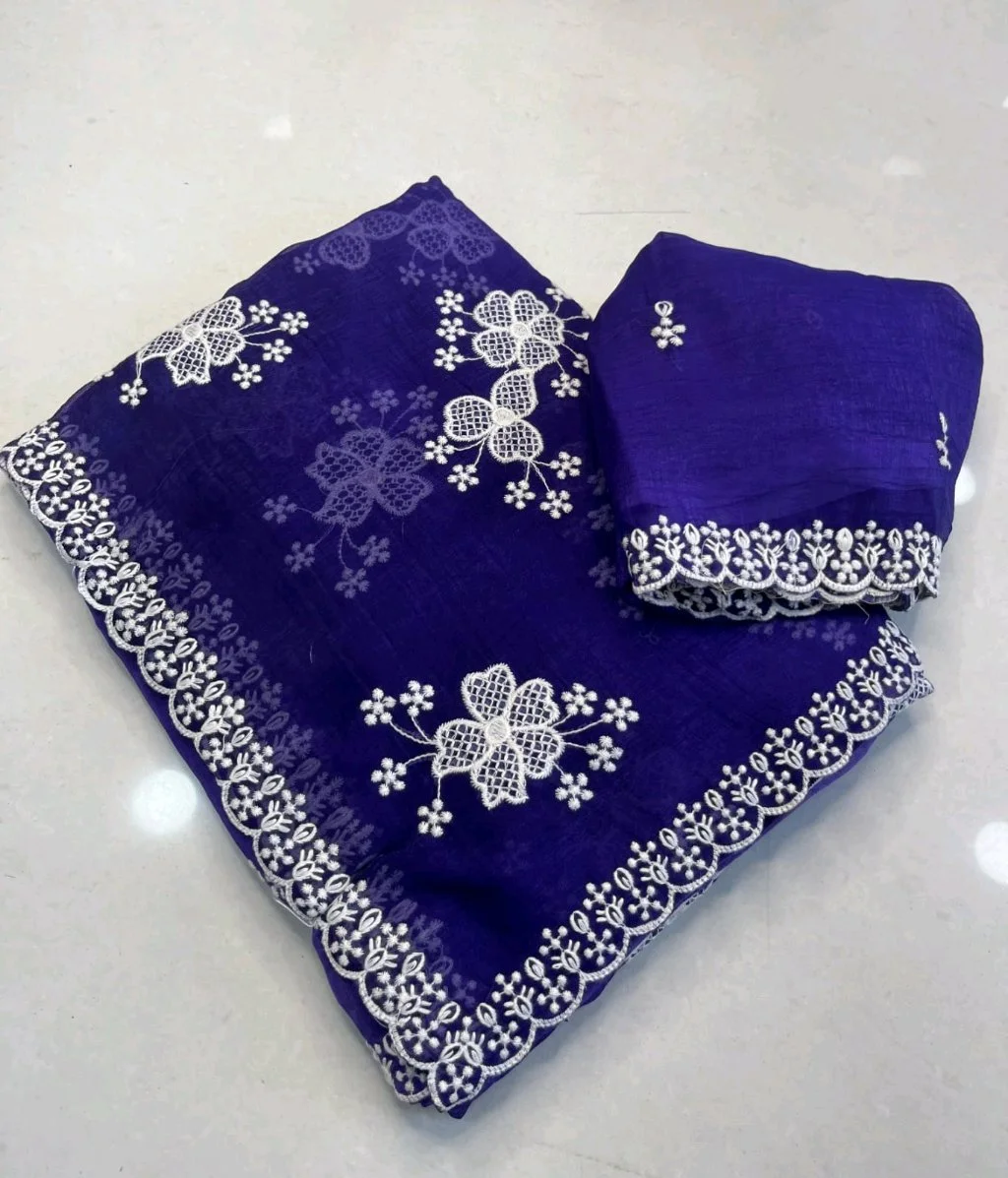 Purple Embroidered Georgette Saree with Scalloped Border 2