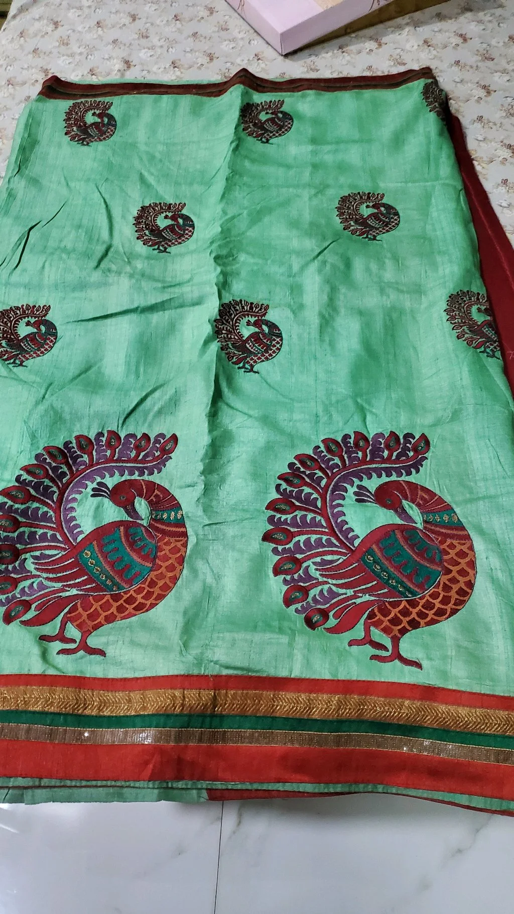 Light Green Tusser Silk Saree with Peacock  అప్లికేషన్ Motifs and  Fancy Border 2