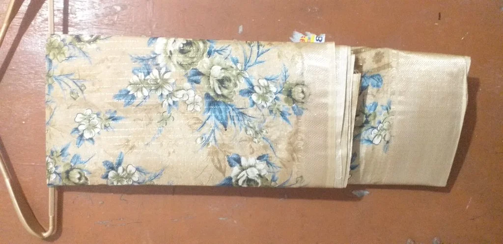 Light Gold Floral Print Saree with Glitter Stripes