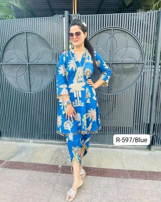 Code-R-597 FBRTulip Pants Set Highlights:• Premium pure cotton fabric• Eye-catching screen print design• Elegant gher-style kurti• Trendy tulip pants with lace finish• Designer latkan detailing on sleeves neckline hem and tulip pants• Perfect for festive, casual & day outingsColours-Orange,Yellow,Cream,Black,Blue,Red,Green,magentaQuality assured 100%Sizes-(34-44)(XS-XXL)plus sizes starts from 46-60 with extra chargePrice-1350 free shipPlus size chart and prices attached46/48-100 extra50/52-150 extra54/56-200 extra58/60-250 extraKeep shopping Keep selling 8