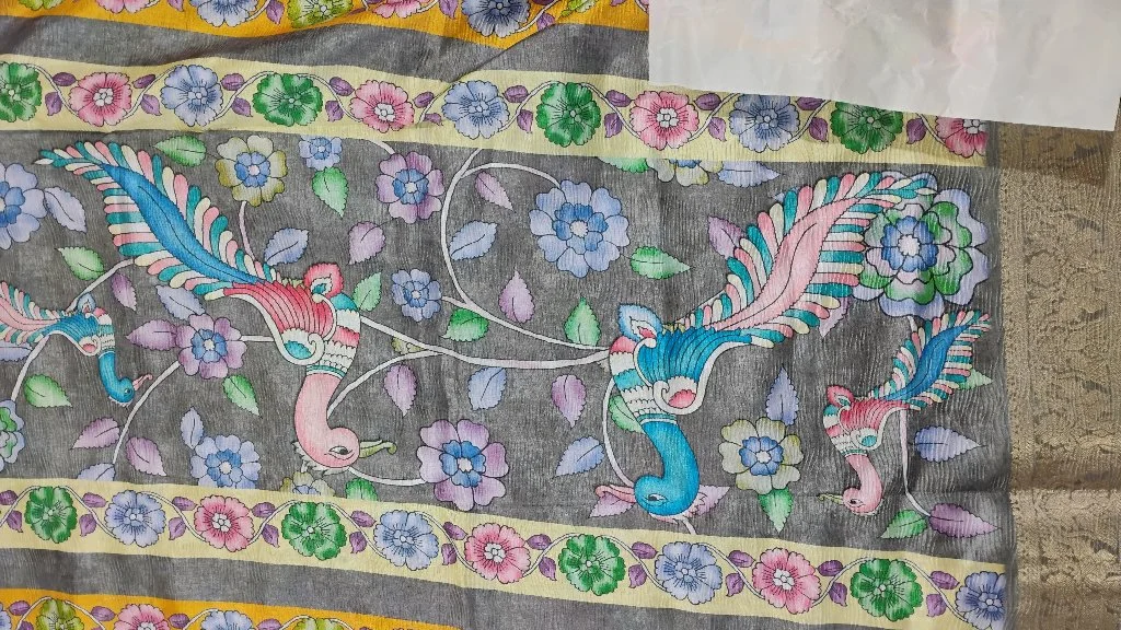 Grey Floral Peacock Print Saree with Zari Border 4