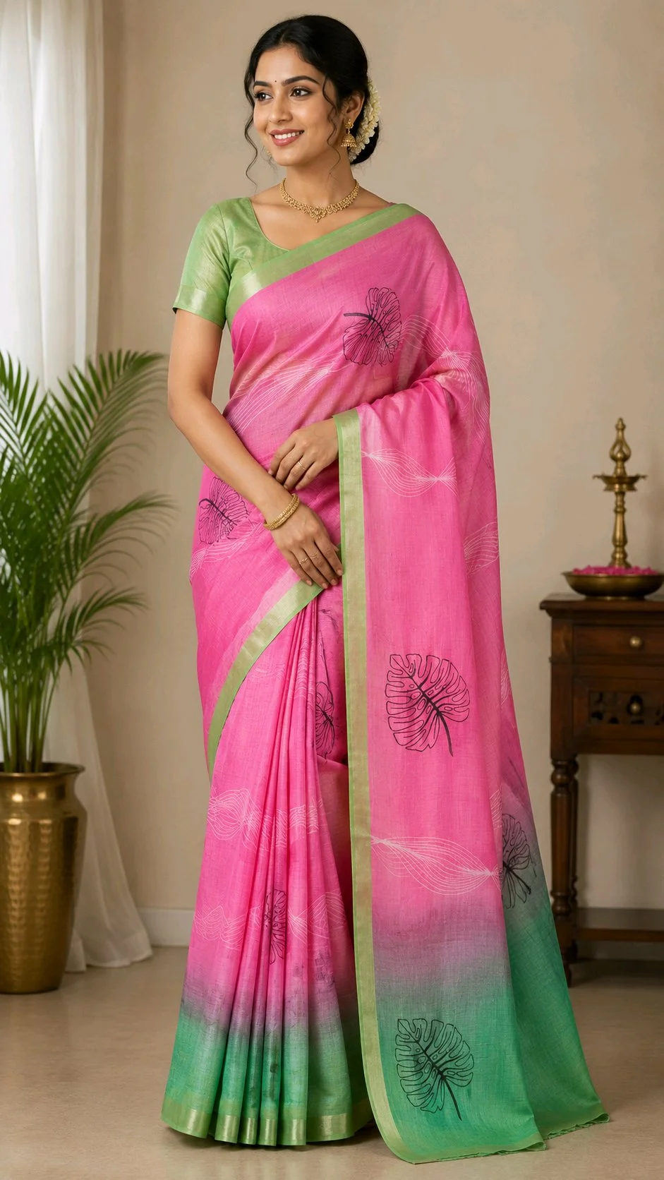 Pink Green Ombre Linen Saree with Leaf Print