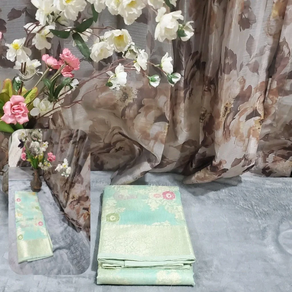 Light Green Banarasi Style  Manipuri Kota Saree with Floral Motifs and Gold Zari Border 1