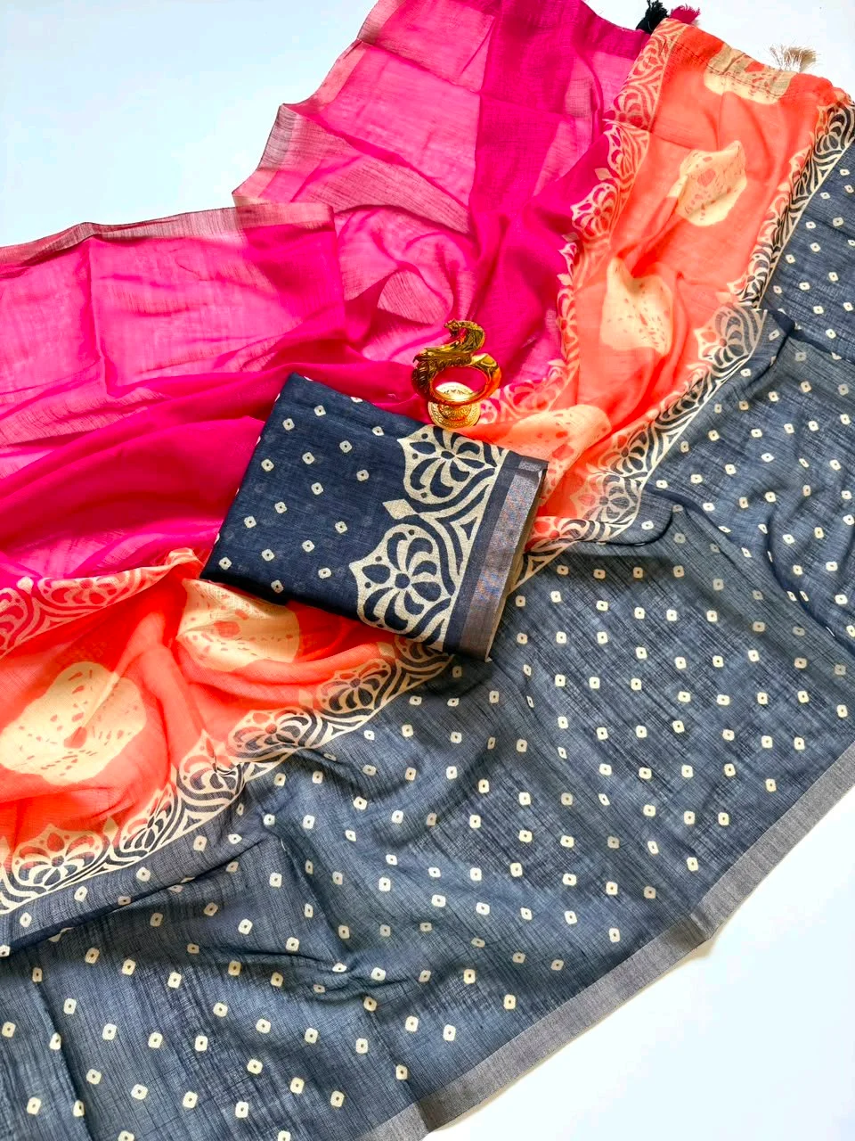 Rani Pink Saree with Black Floral Block Print and Printed Blouse thumbnail 2
