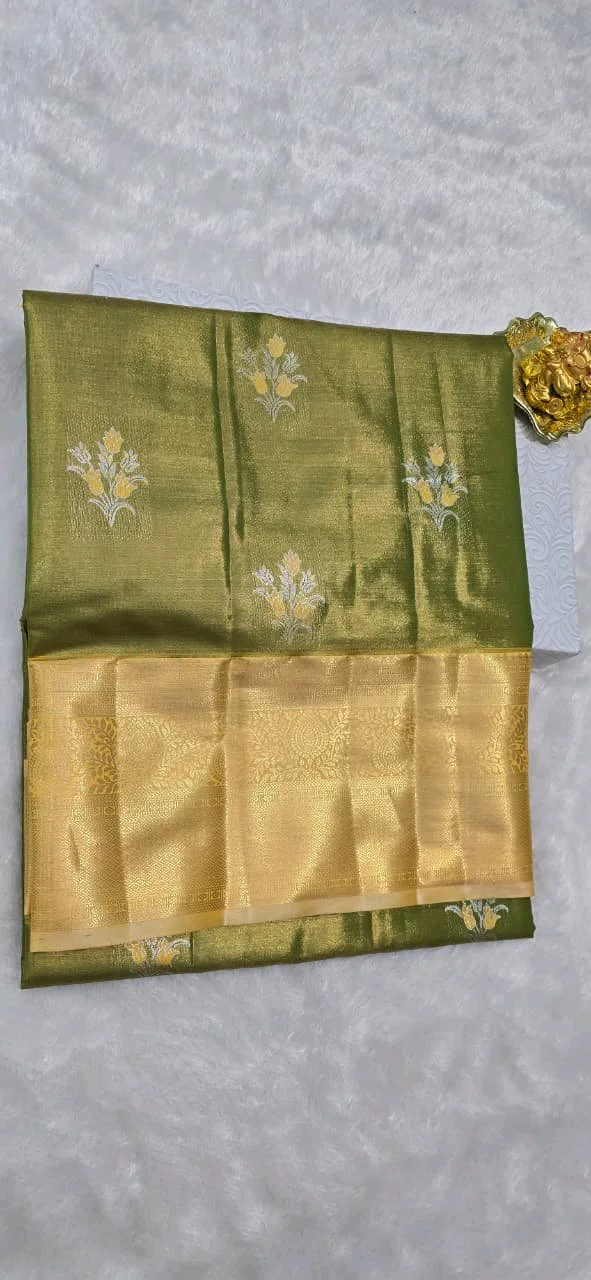 Olive Green Dharmavaram Pattu Saree with Floral Buttas and Gold Zari Border
