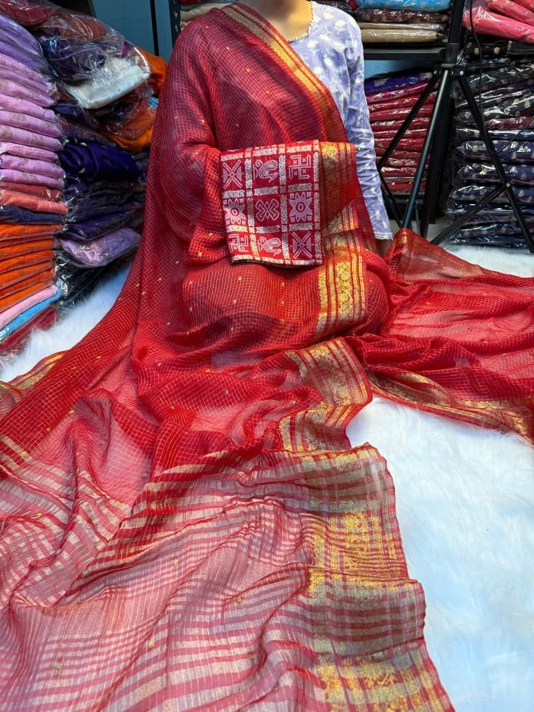 Purple Viscose Georgette Saree with Chex Weave and Block Print Blouse Piece 2