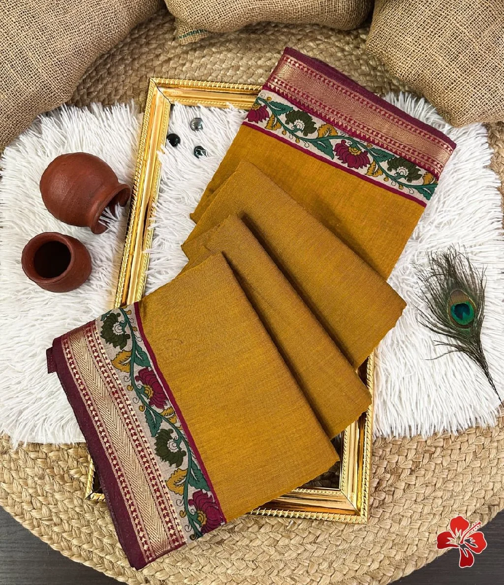 Mustard Yellow Cotton Saree with Kalamkari Border