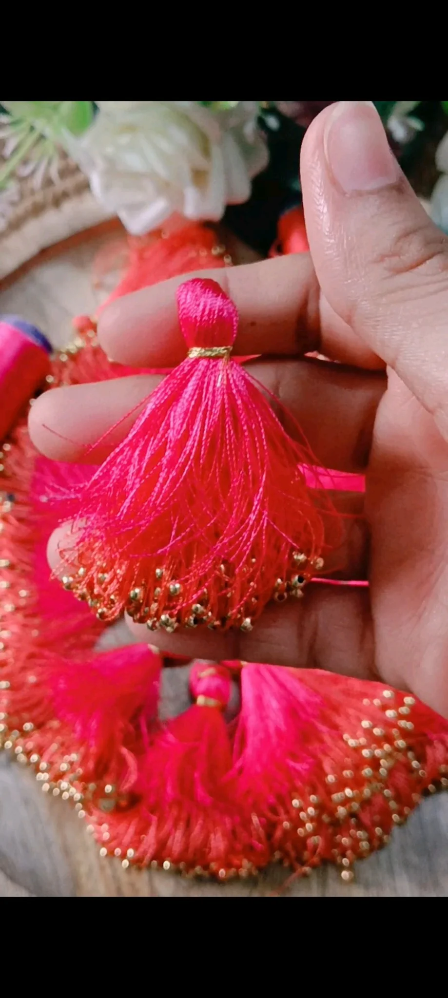 Pink Orange Silk Thread Saree Tassels with Gold Beads thumbnail 5