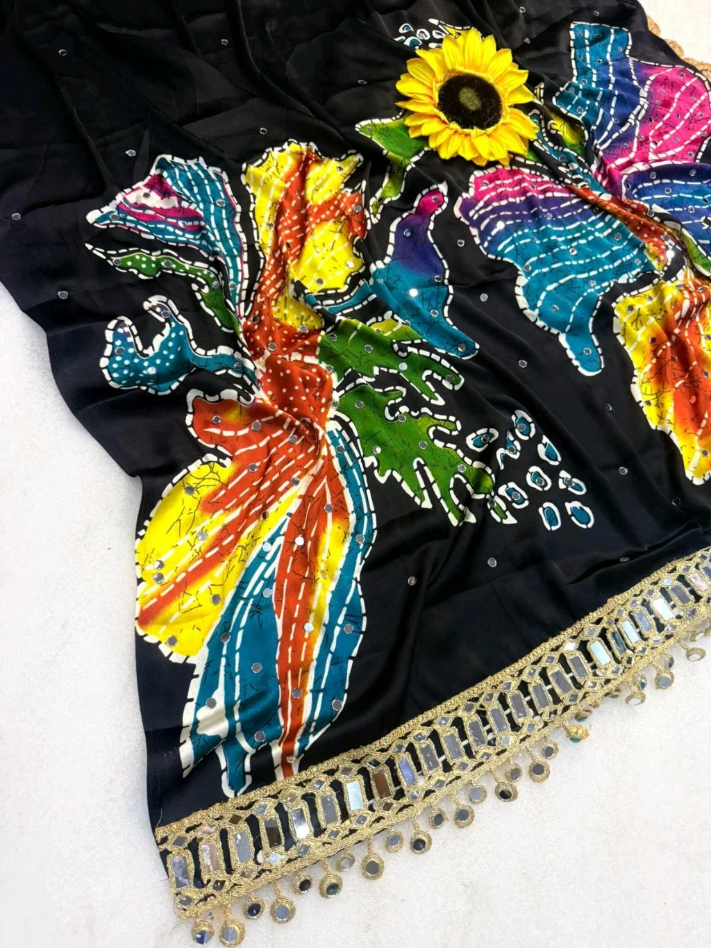 Black Ajrakh  Saree with Colorful Abstract Print and Mirror Work 7