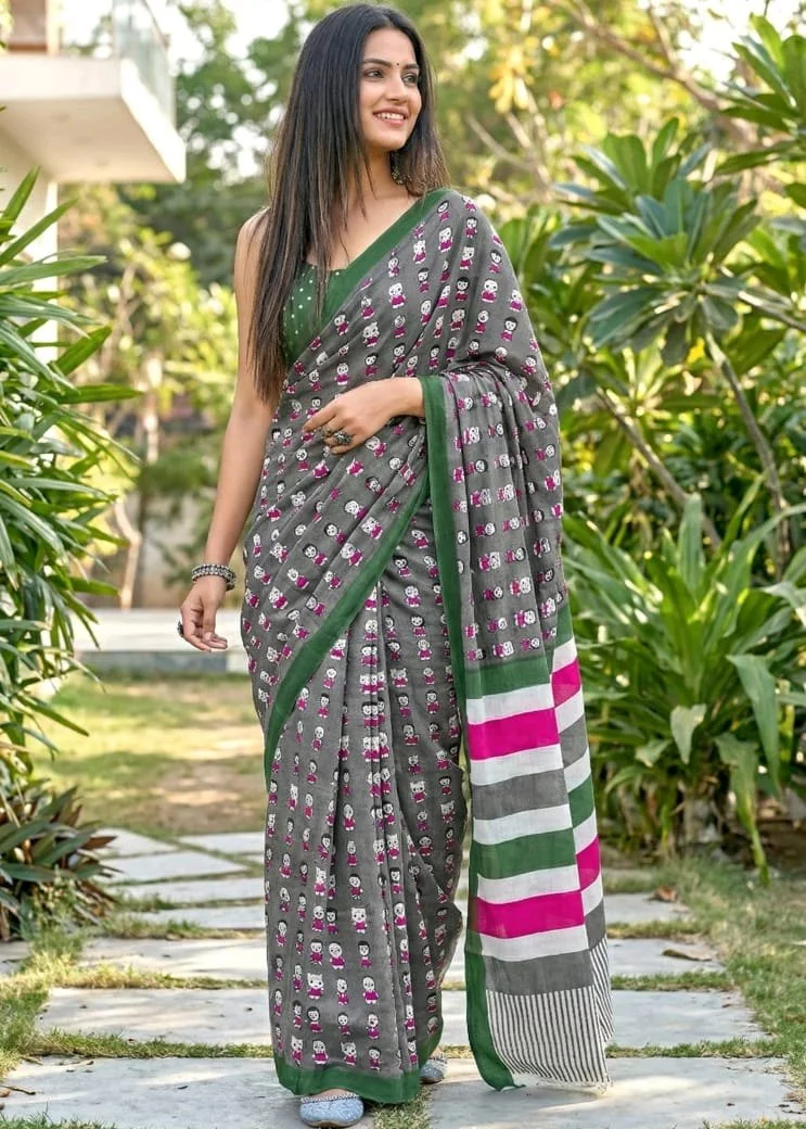 Soft Pure Cotton Sarees With Ikkat Print thumbnail 2
