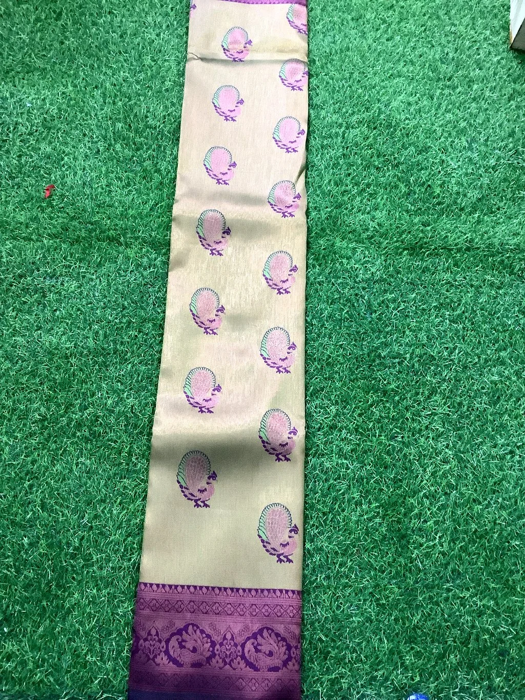 Golden Beige Silk Saree with Peacock Motifs thumbnail 2