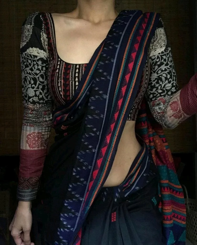 Chanderi Cotton Digital Print And Digital BlouseDark Blue Ikat Cotton Blend Saree with Multi-pattern Blouse