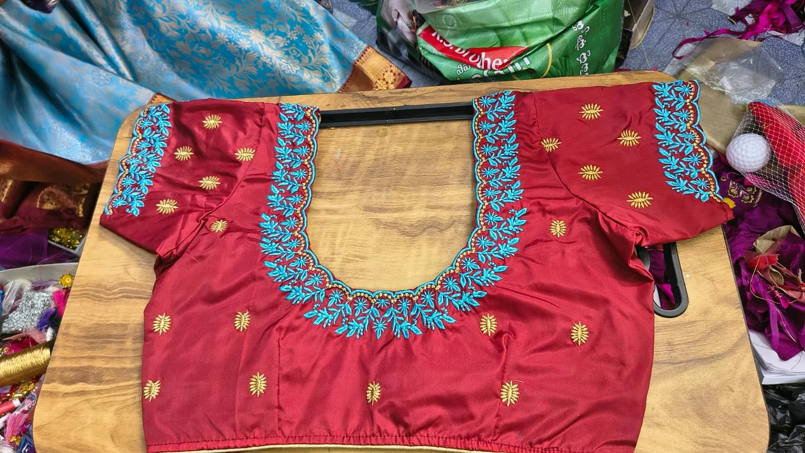 Red Blouse with Blue and Gold Computer Embroidery