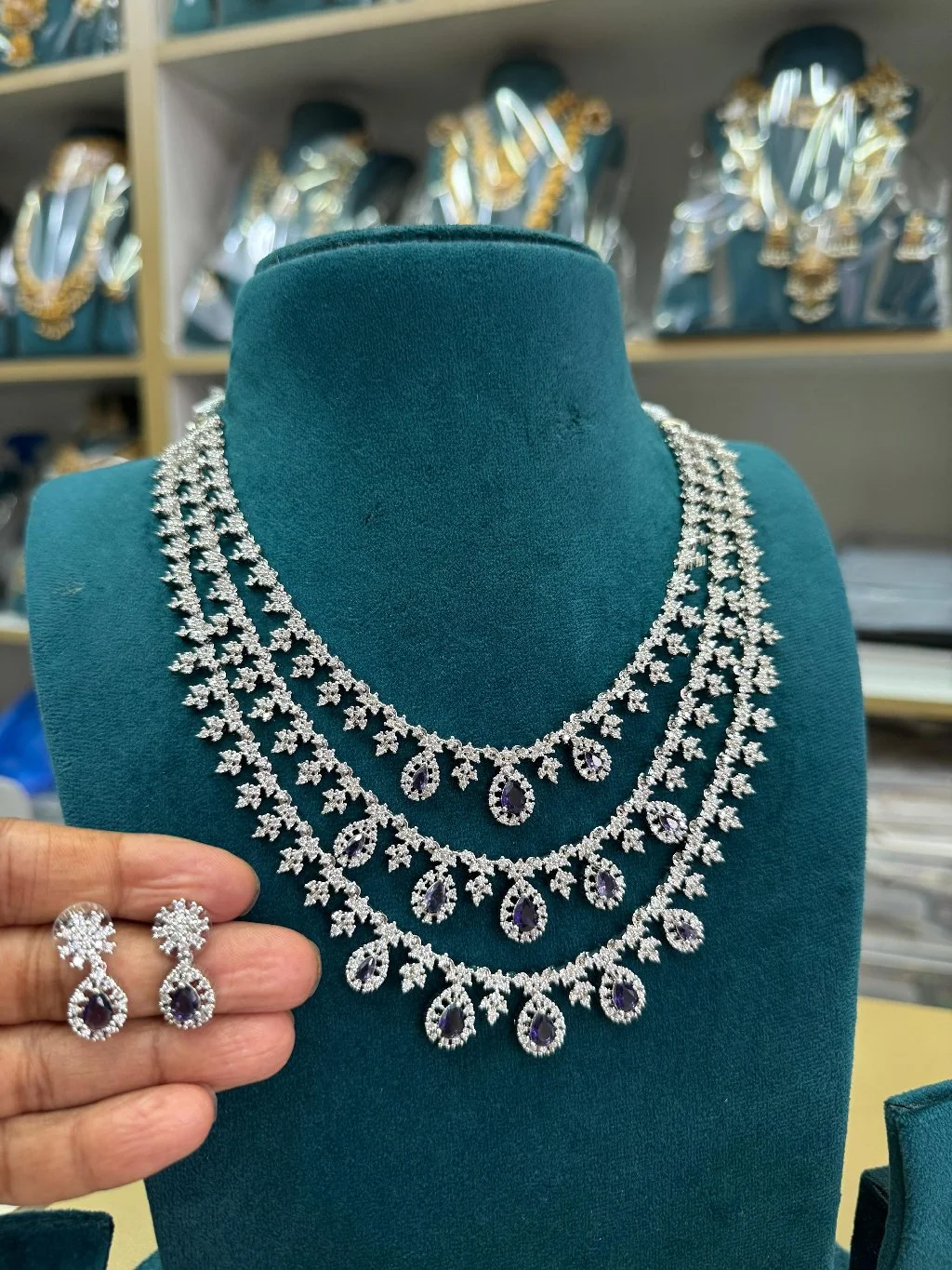 Silver Toned Layered Necklace Set with Purple Stones and Earrings thumbnail 1