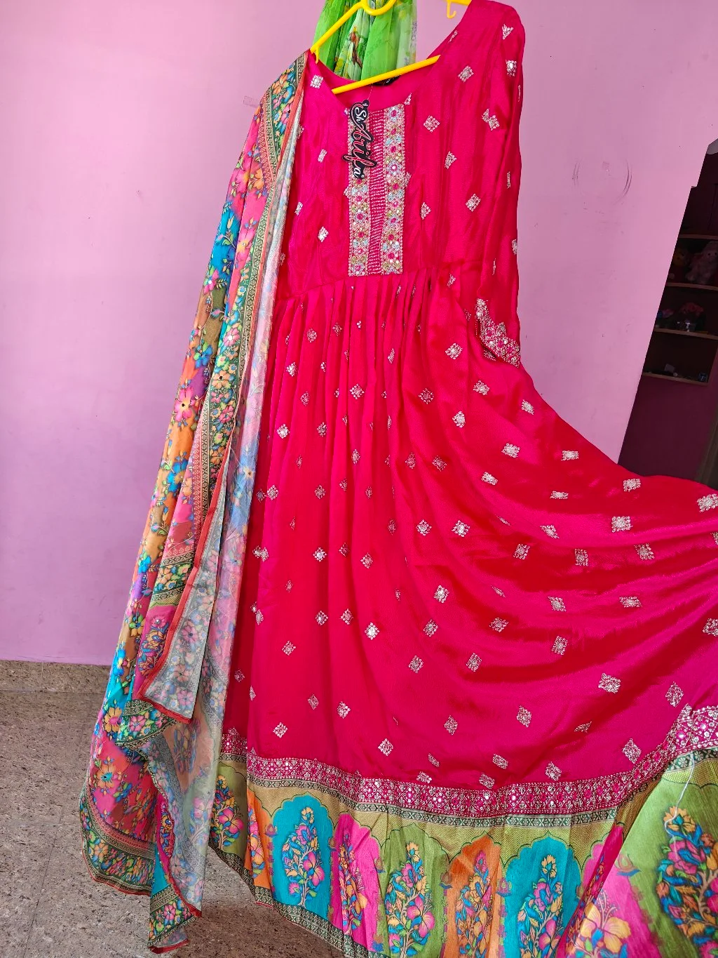 Aarifa Brand Pink Anarkali Suit with Mirror Work and Floral Digital Dupatta 1
