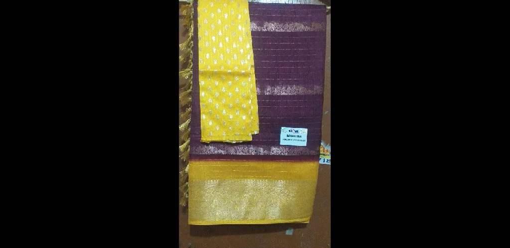 Mahima Purple Art Silk Saree with Gold Border and Yellow Blouse