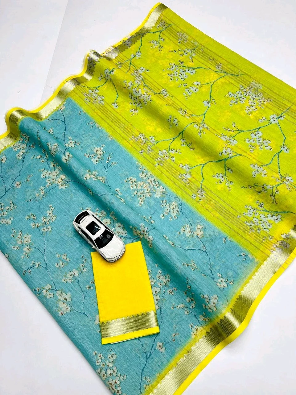 Soft Floral Linen Saree with Teal Blouse Piece thumbnail 7