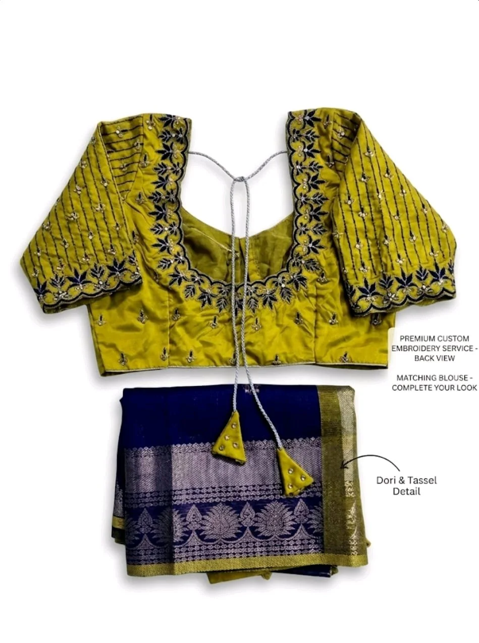 Yellow Embroidered Blouse and Blue Saree Set