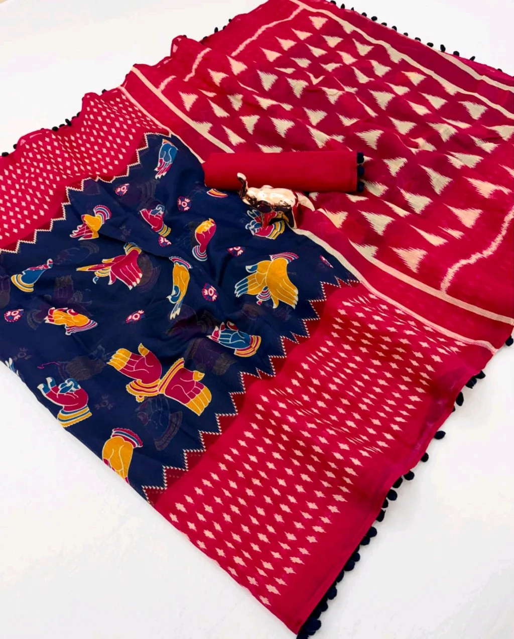 Yellow and Red Printed Saree with Pom Poms 3