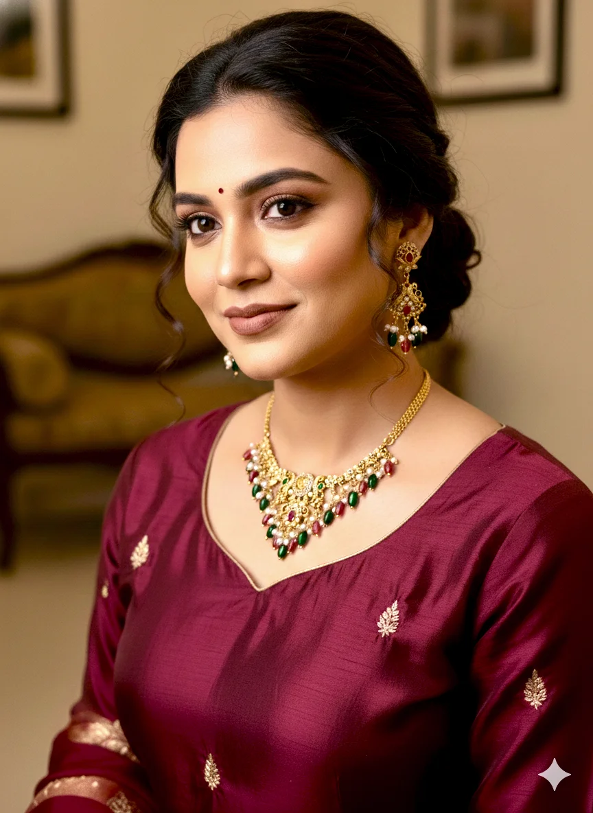 Gold Toned Beaded V-Shape Necklace Set - Variant 2