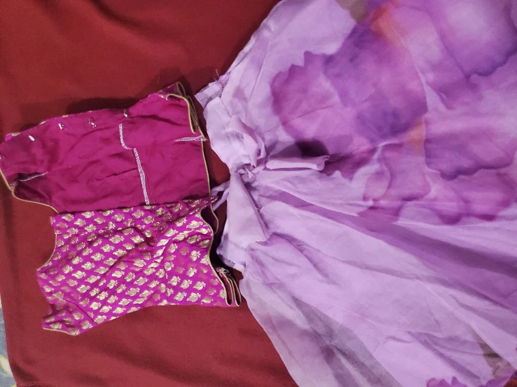 Purple Floral Organza Saree with Pink Zari Blouse 2