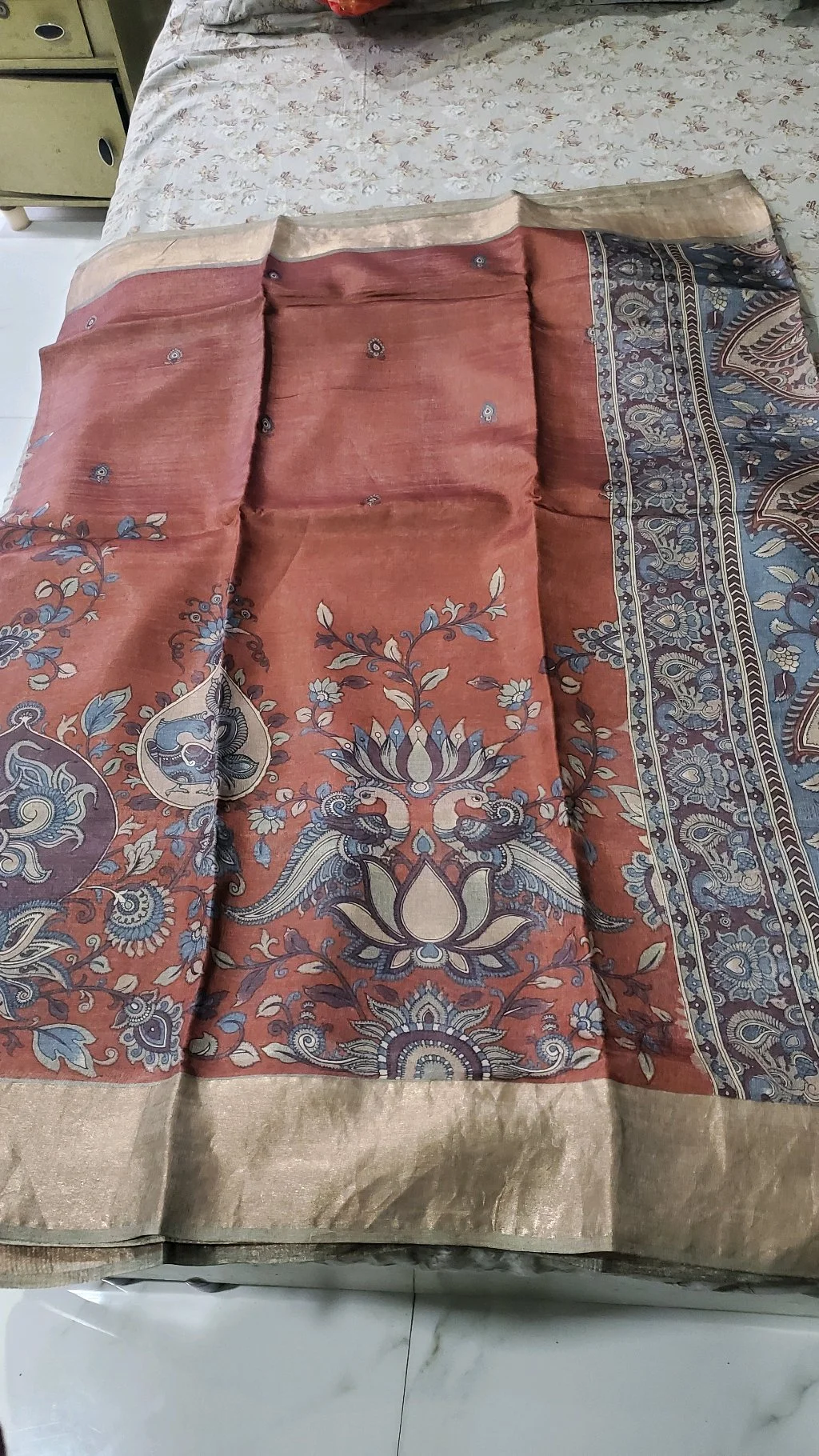 Rust Kalamkari Print Tusser Silk Saree with Zari Border thumbnail 1