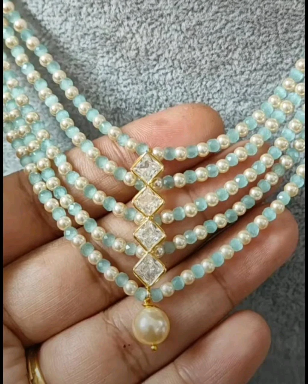 Multi Strand Pearl Necklace Set with CZ Stones thumbnail 4