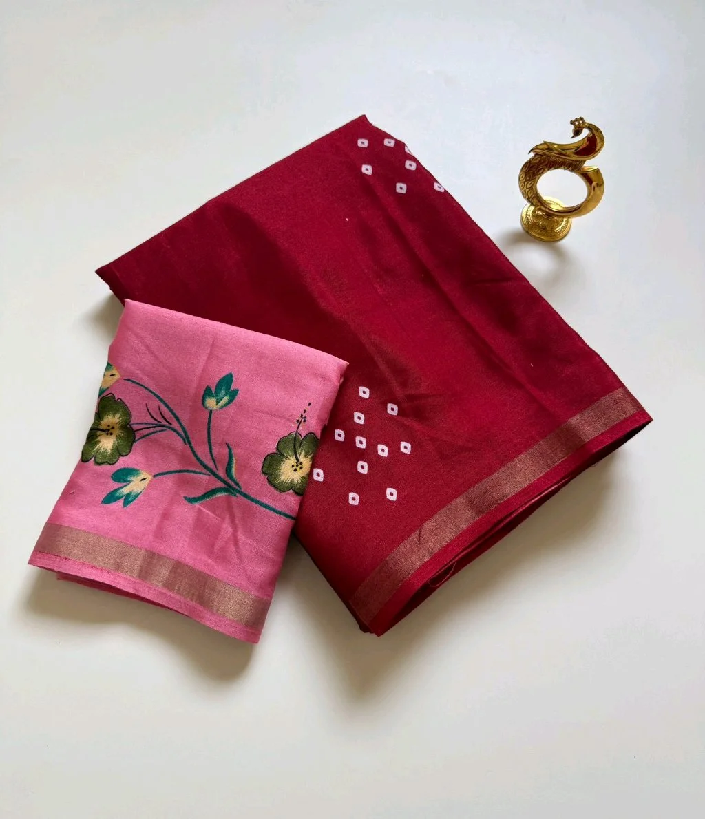 Red Dotted Saree with Pink Floral Blouse thumbnail 1