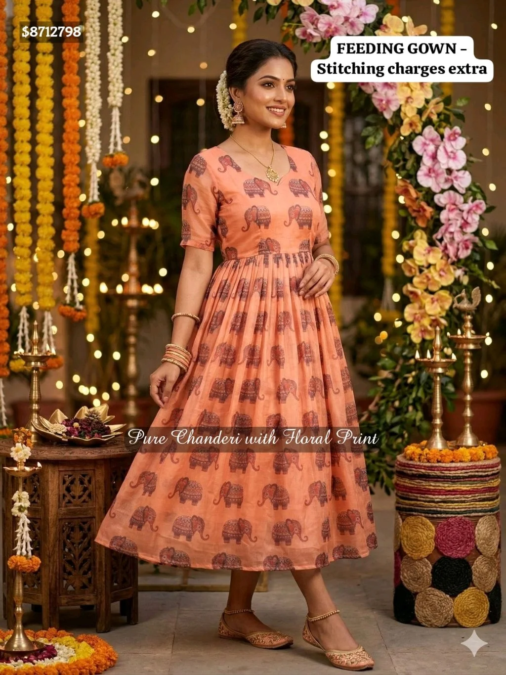 ATB Saree's From the house of CF Saree's Launching Exclusive Chanderi Silk Floral Printed Collection's $8712798New Launching Summer Special Kalamkari Midi Gowns. MATERNITY / FEEDING FROCK OPTION ALSO AVAILABLE.GownGown Fabric : Pure Chanderi Gown Work : Floral PrintedStitchingSize:- M Up to L XL Up to XXL (Fully Stitched) Length : 48" Shoulder : 15 Flair : 3.5 MTR Lining : Micro CottonFeeding Gown Stitching Charges Extra: 150/- Wow Price @1000 Free Ship 100% Orignal Quality We Promise PQR Price Quality and Range Single and Multiples Available Note - colors may vary slightly due to photography and display strictly no exchange or return for color variations unpacking video must for any sort of complaint. 6