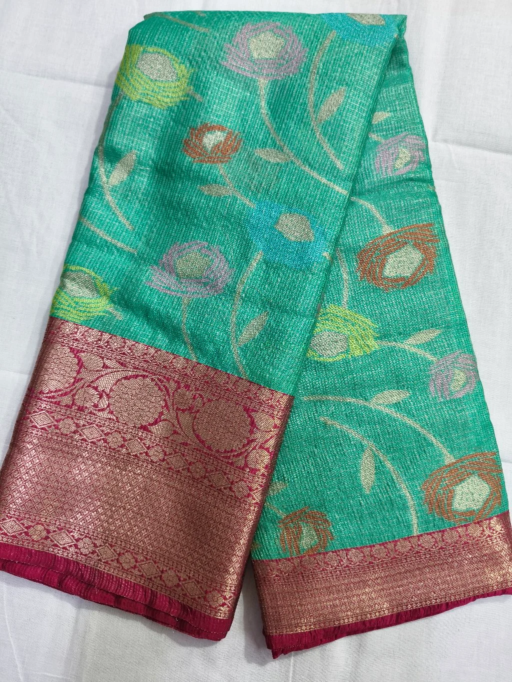 Lime Green Kota Fancy Saree with Floral Motifs and Silver Zari Border thumbnail 4