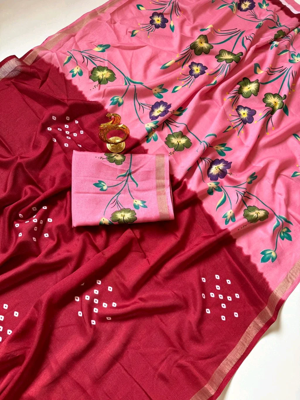 Red Dotted Saree with Pink Floral Blouse thumbnail 2