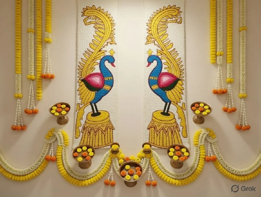 Pair of Peacock Design Floral Rangoli Mats 2