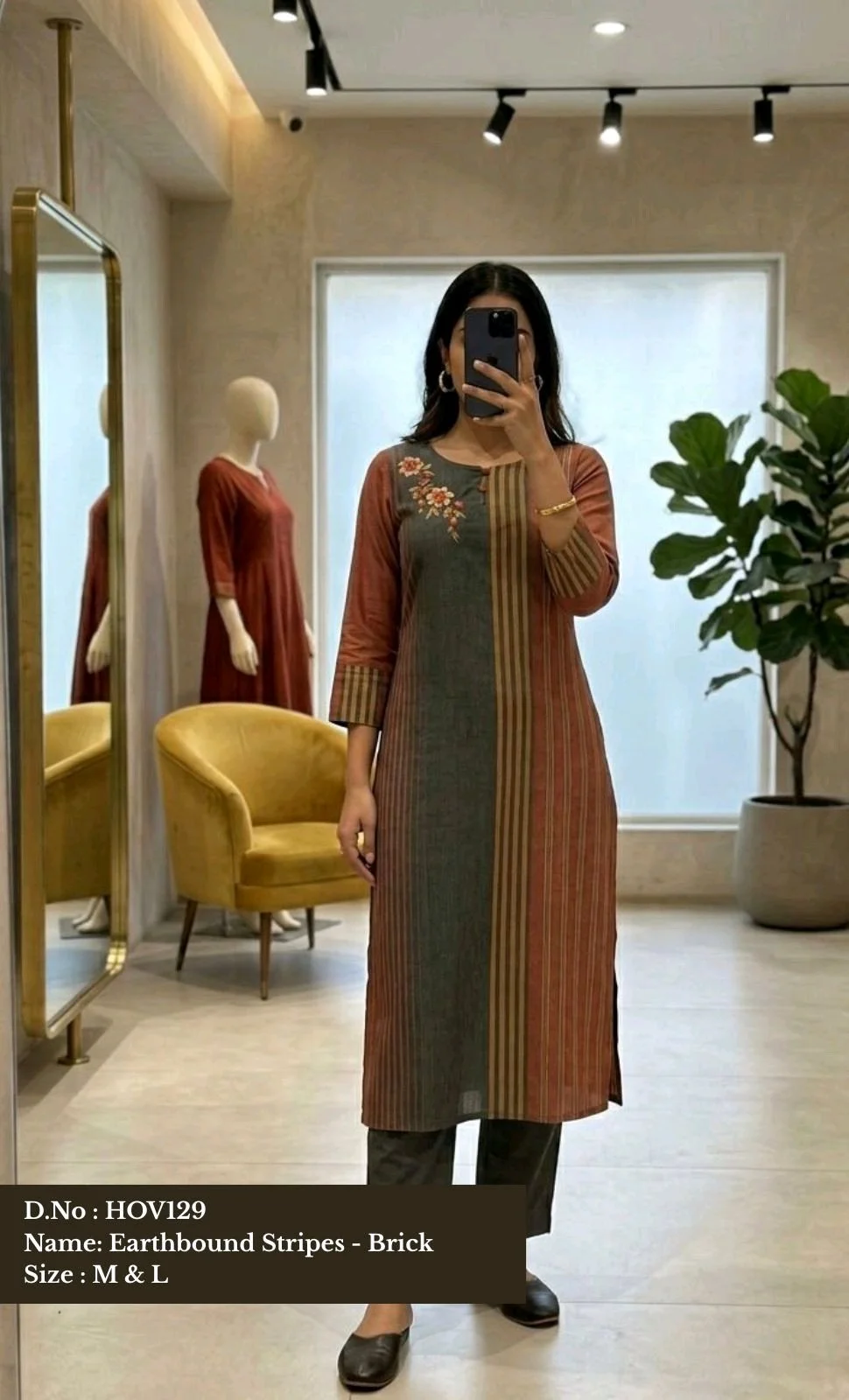 Earthbound Stripes Brick Brown and Green Embroidered Kurta Set 1