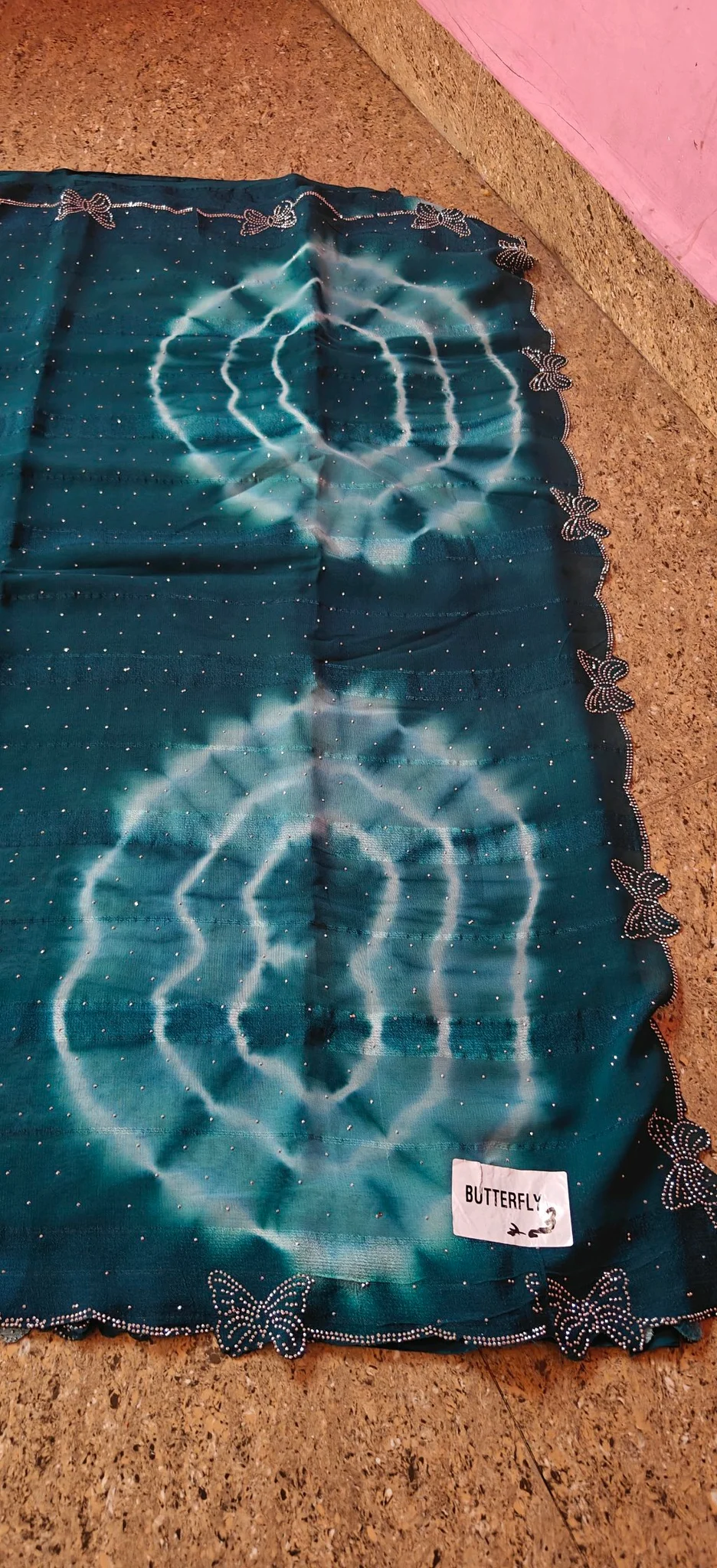 Butterfly Brand Teal Tie Dye Saree with Swarovski Stone Stone Work thumbnail 5