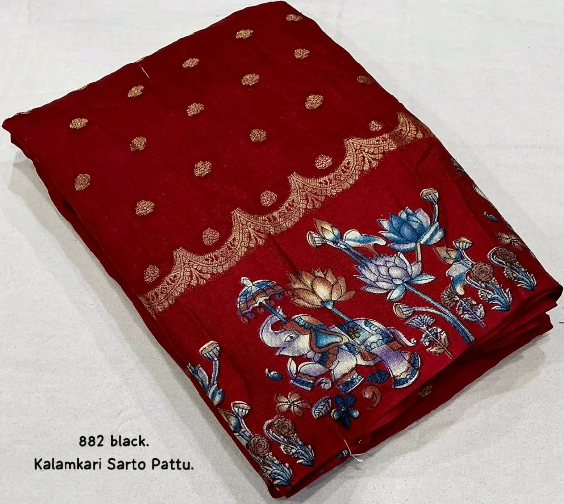 Kalamkari Printed Saree with Gold Border 1