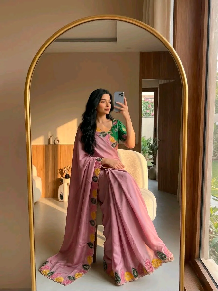 Rangoli Soft Silk Saree with Leaf Embroidery and Contrast Blouse 6