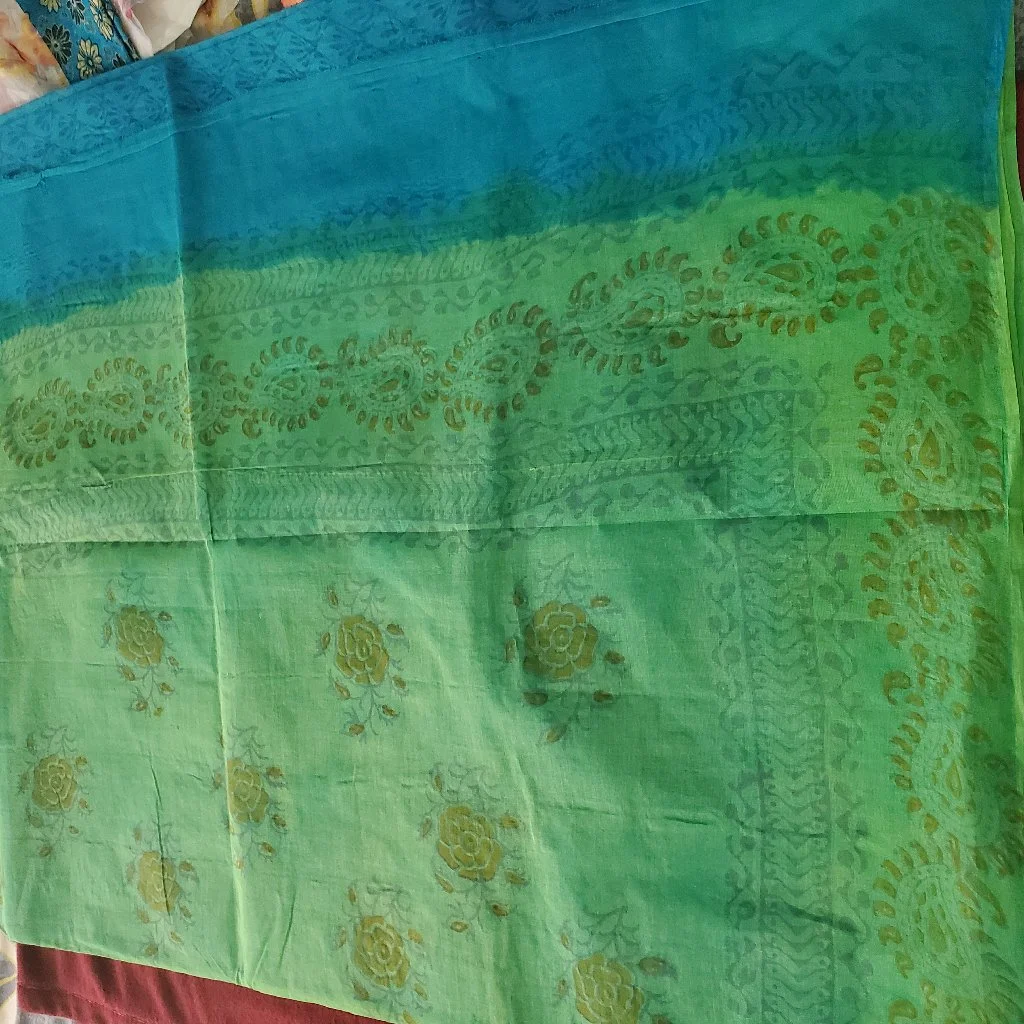 Dual Tone Blue Green KhadiPrint 100 Count Pure కాటన్ Saree thumbnail 2