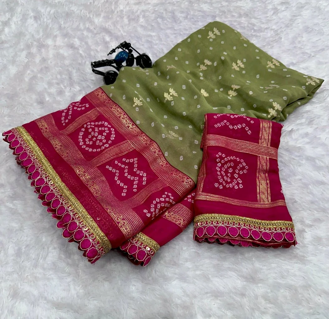 Green Bandhani Saree with Pink Scalloped Border 2