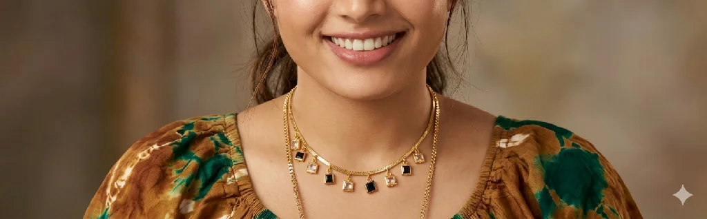 Gold Plated Layered Necklace with Square Charms