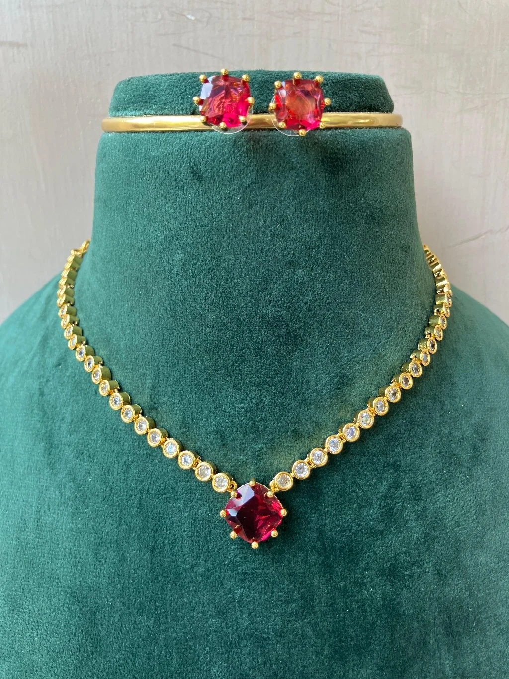 Gold Plated AD and Green Stone Choker Necklace Set - Variant 3