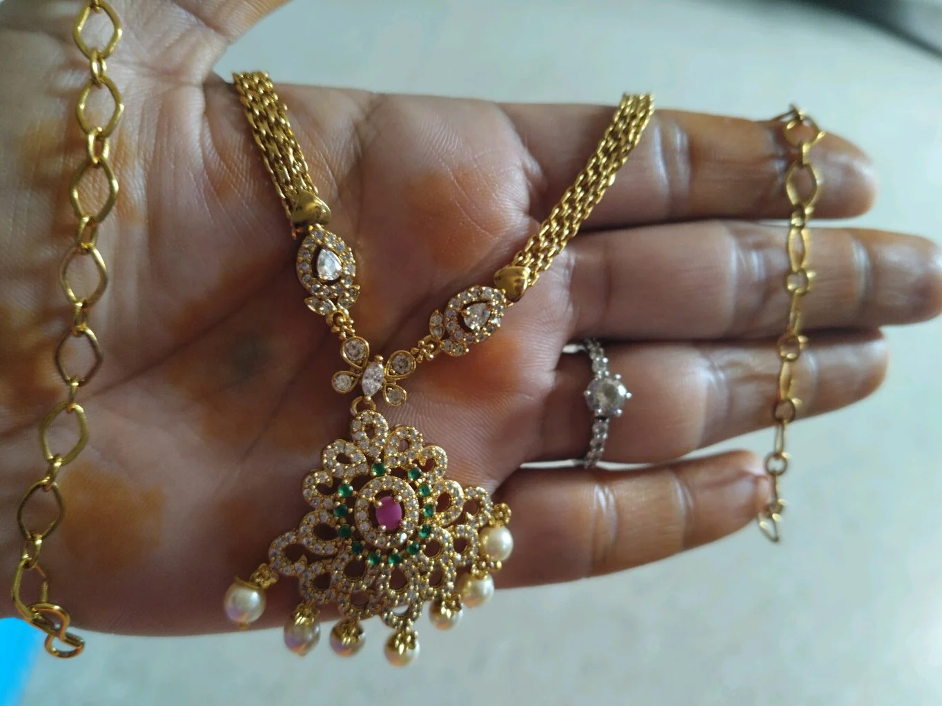 Gold Plated Traditional Necklace with Ruby Emerald and Pearl Drops
